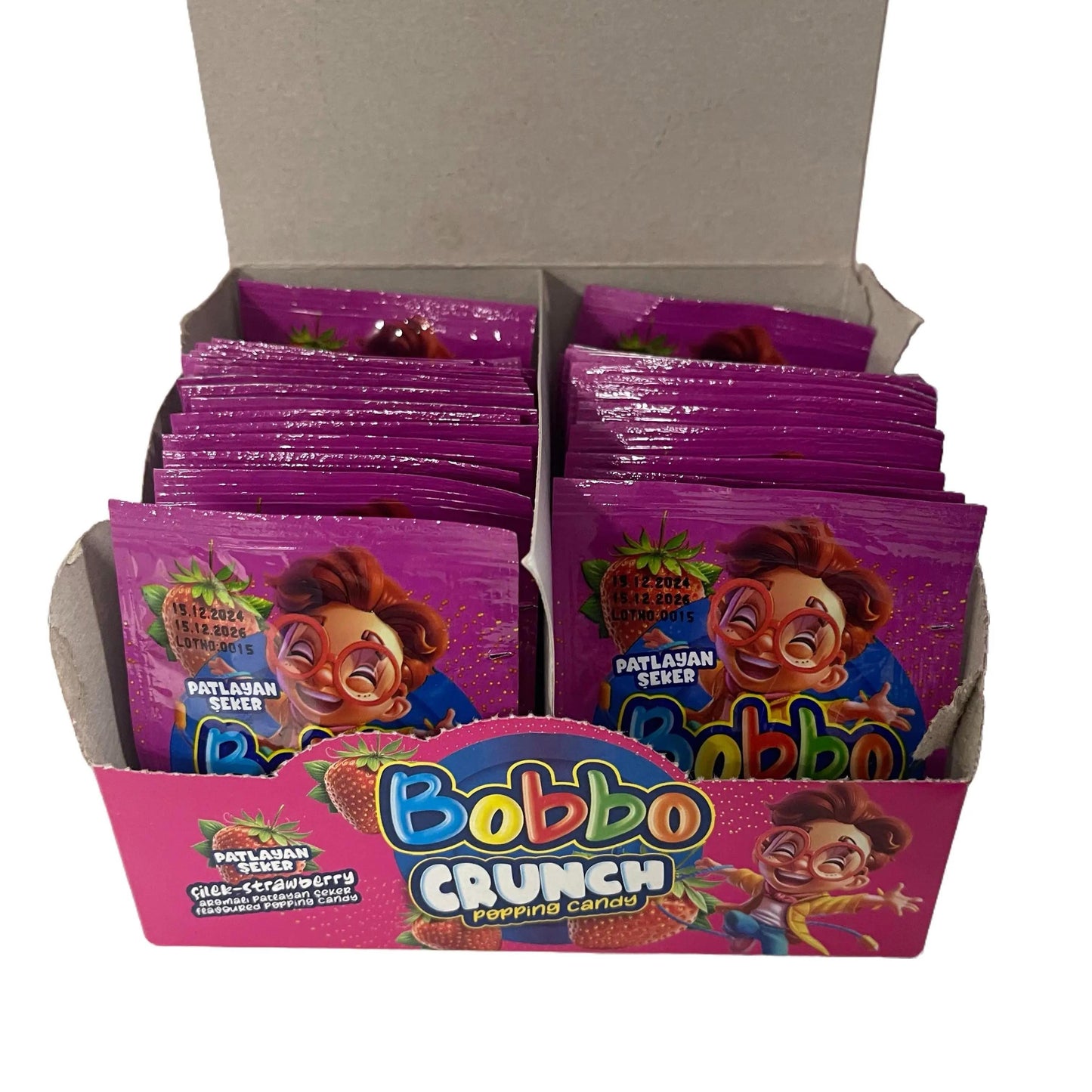 Bobbo Crunch Popping Candy Full BOX - 40 Packs in Box - Strawberry or Cola - Best Before December 2026